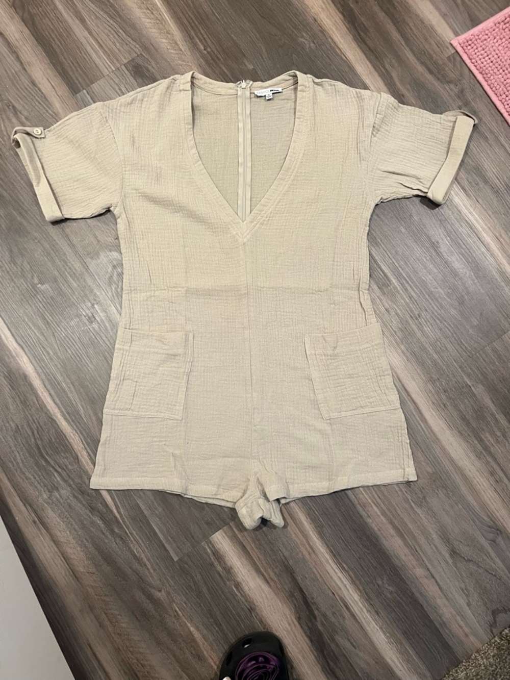 Fashion Nova Cream Textured Short Sleeve One-Piece Romper
